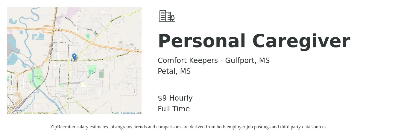 Comfort Keepers - Gulfport, MS job posting for a Personal Caregiver in Petal, MS with a salary of $10 Hourly with a map of Petal location.