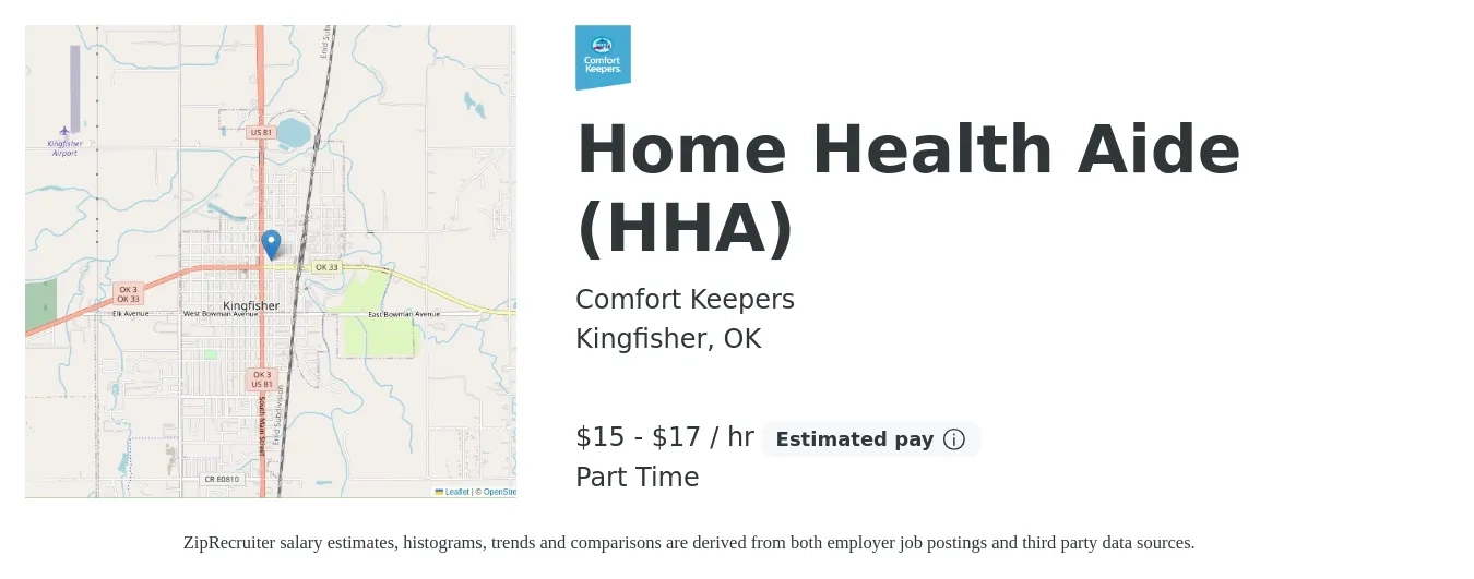 Comfort Keepers job posting for a Home Health Aide (HHA) in Kingfisher, OK with a salary of $16 to $18 Hourly with a map of Kingfisher location.