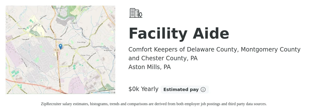 Comfort Keepers of Delaware County, Montgomery County and Chester County, PA job posting for a Facility Aide in Aston Mills, PA with a salary of $15 to $17 Yearly with a map of Aston Mills location.