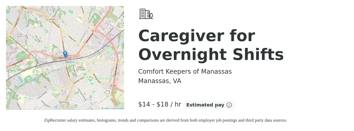 Comfort Keepers of Manassas job posting for a Caregiver for Overnight Shifts in Manassas, VA with a salary of $15 to $19 Hourly with a map of Manassas location.