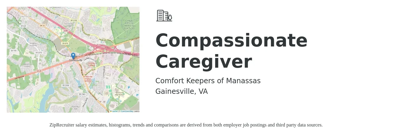 Comfort Keepers of Manassas job posting for a Compassionate Caregiver in Gainesville, VA with a salary of $14 to $18 Hourly with a map of Gainesville location.