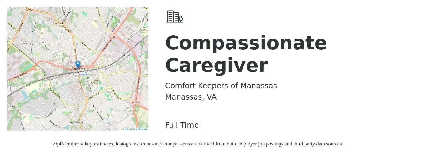 Comfort Keepers of Manassas job posting for a Compassionate Caregiver in Manassas, VA with a salary of $13 to $17 Hourly with a map of Manassas location.