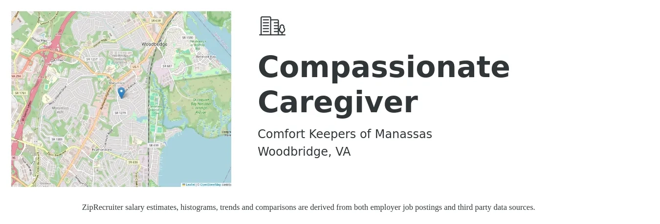 Comfort Keepers of Manassas job posting for a Compassionate Caregiver in Woodbridge, VA with a salary of $14 to $18 Hourly with a map of Woodbridge location.