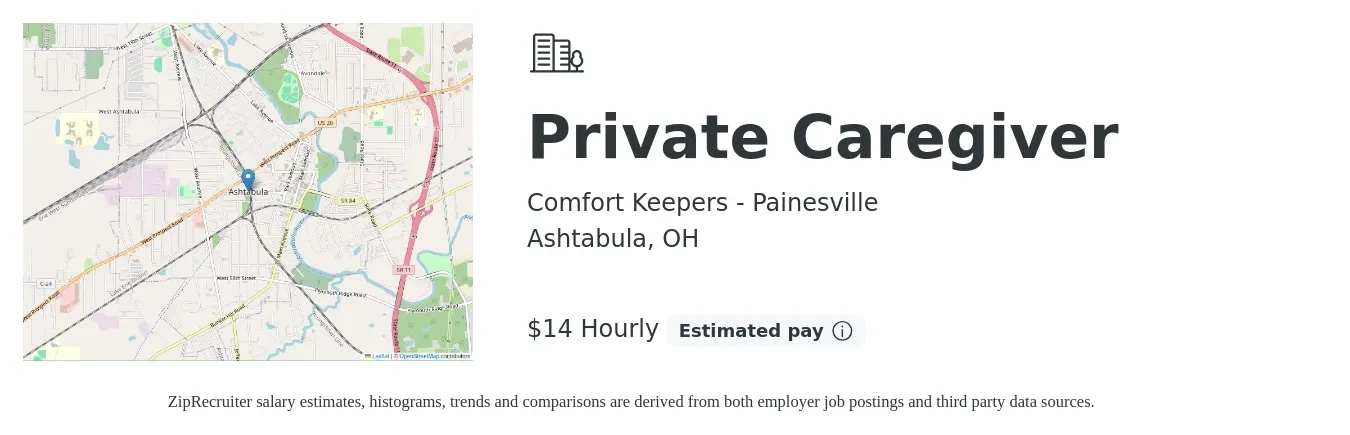 Comfort Keepers - Painesville job posting for a Private Caregiver in Ashtabula, OH with a salary of $15 Hourly with a map of Ashtabula location.
