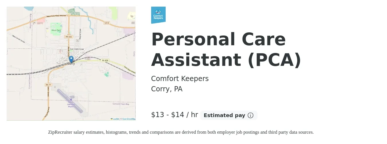 Comfort Keepers job posting for a Personal Care Assistant (PCA) in Corry, PA with a salary of $14 to $15 Hourly with a map of Corry location.