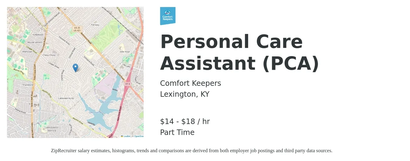 Comfort Keepers job posting for a Personal Care Assistant (PCA) in Lexington, KY with a salary of $15 to $19 Yearly with a map of Lexington location.