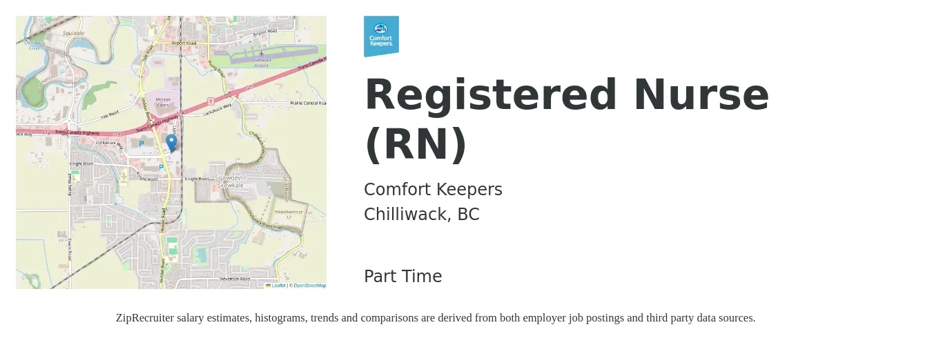 Comfort Keepers job posting for a Registered Nurse (RN) in Chilliwack, BC with a map of Chilliwack location.