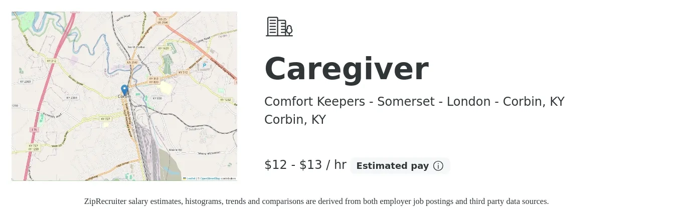 Comfort Keepers - Somerset - London - Corbin, KY job posting for a Caregiver in Corbin, KY with a salary of $13 to $14 Hourly with a map of Corbin location.