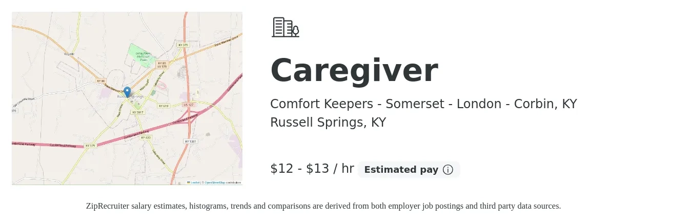 Comfort Keepers - Somerset - London - Corbin, KY job posting for a Caregiver in Russell Springs, KY with a salary of $13 to $14 Hourly with a map of Russell Springs location.