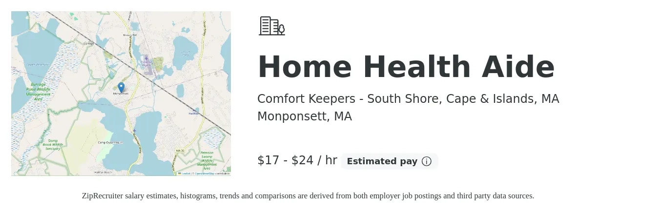 Comfort Keepers - South Shore, Cape & Islands, MA job posting for a Home Health Aide in Monponsett, MA with a salary of $18 to $25 Hourly with a map of Monponsett location.