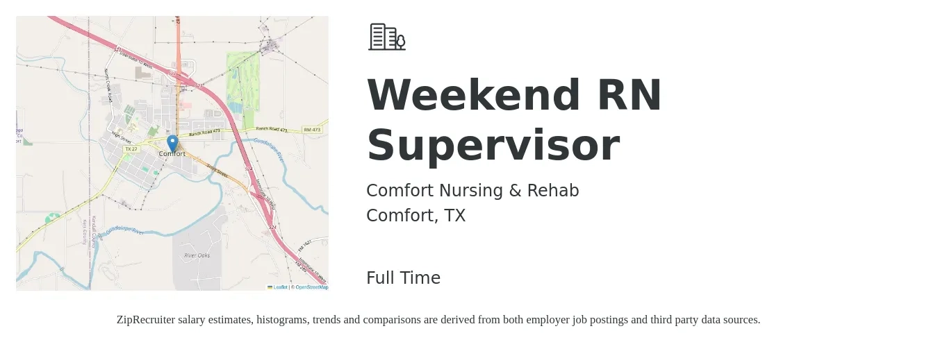 Comfort Nursing & Rehab job posting for a Weekend RN Supervisor in Comfort, TX with a salary of $36 to $52 Hourly with a map of Comfort location.