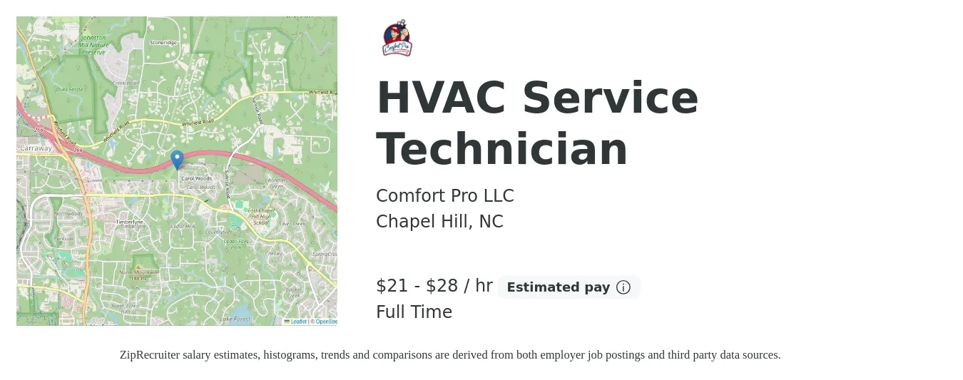 Comfort Pro LLC job posting for a HVAC Service Technician in Chapel Hill, NC with a salary of $22 to $30 Hourly with a map of Chapel Hill location.