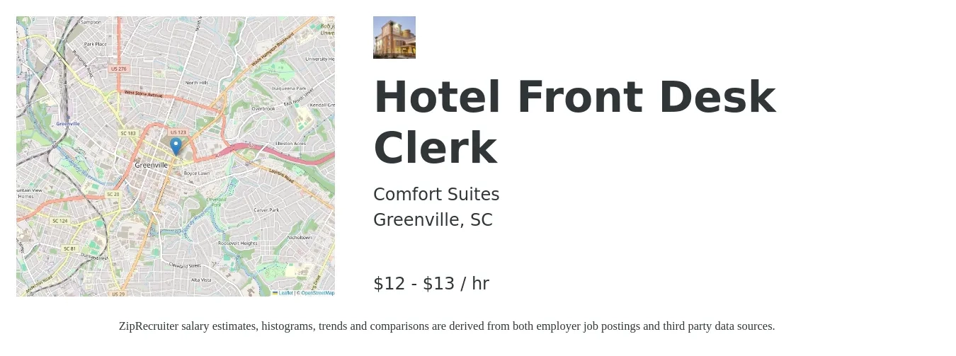 Comfort Suites job posting for a Hotel Front Desk Clerk in Greenville, SC with a salary of $13 to $14 Hourly with a map of Greenville location.