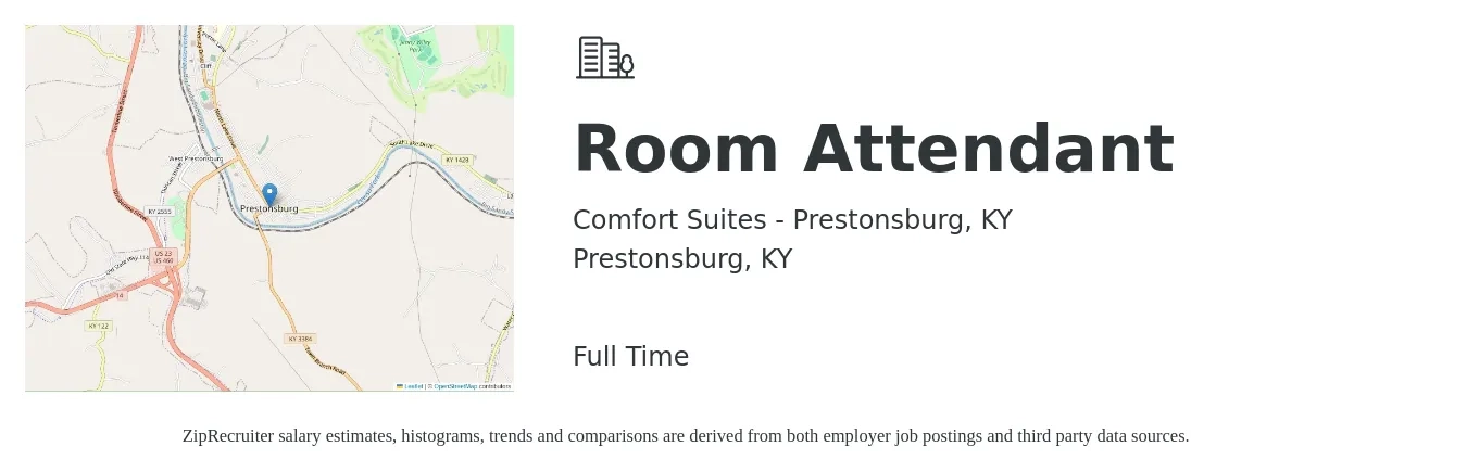 Comfort Suites - Prestonsburg, KY job posting for a Room Attendant in Prestonsburg, KY with a salary of $15 to $19 Hourly with a map of Prestonsburg location.