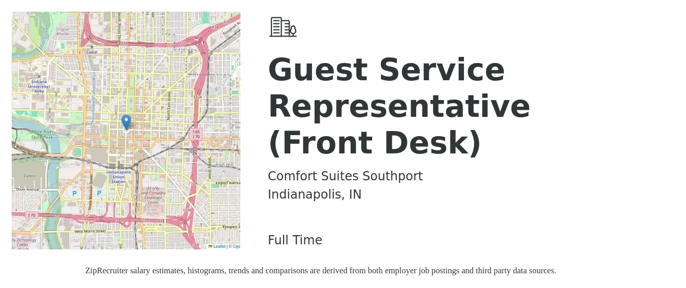 Comfort Suites Southport job posting for a Guest Service Representative (Front Desk) in Indianapolis, IN with a salary of $13 to $16 Hourly with a map of Indianapolis location.