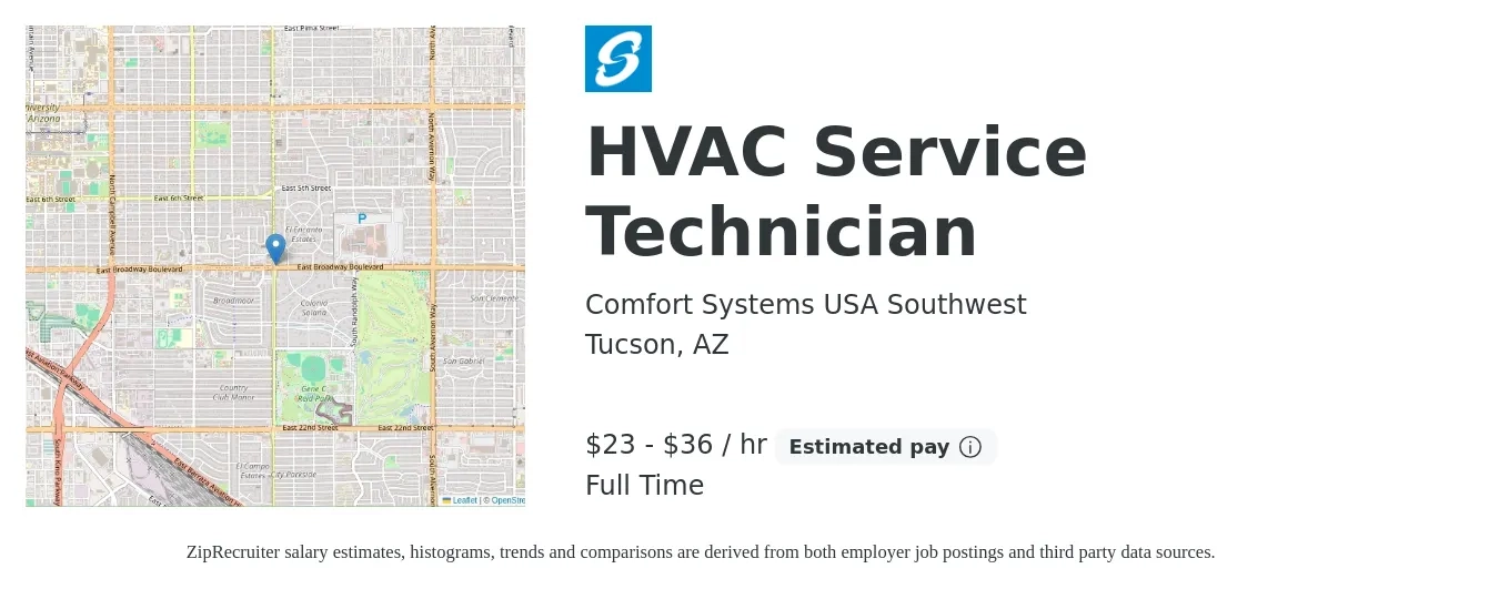 Comfort Systems USA Southwest job posting for a HVAC Service Technician in Tucson, AZ with a salary of $24 to $38 Hourly with a map of Tucson location.
