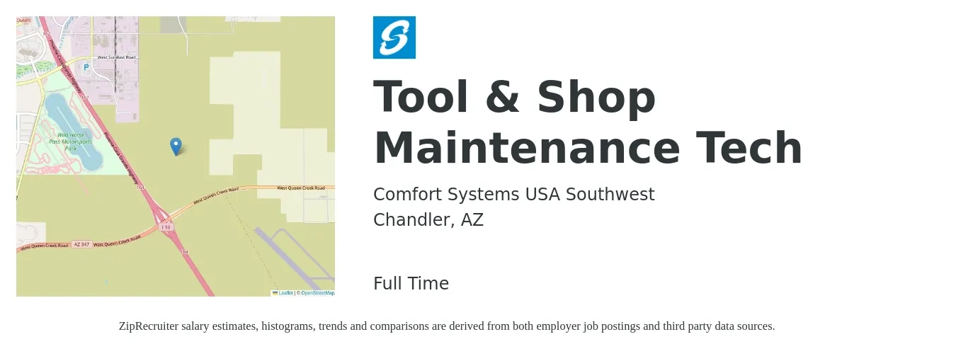 Comfort Systems USA Southwest job posting for a Tool & Shop Maintenance Tech in Chandler, AZ with a salary of $20 to $27 Hourly with a map of Chandler location.
