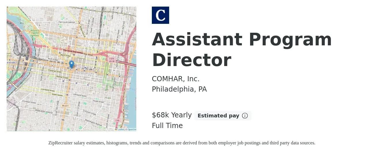 COMHAR, Inc. job posting for a Assistant Program Director in Philadelphia, PA with a salary of $68,000 Yearly with a map of Philadelphia location.