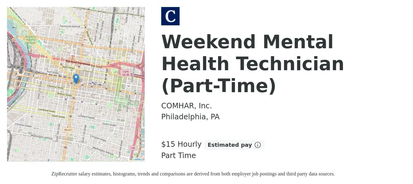 COMHAR, Inc. job posting for a Weekend Mental Health Technician (Part-Time) in Philadelphia, PA with a salary of $16 Hourly with a map of Philadelphia location.