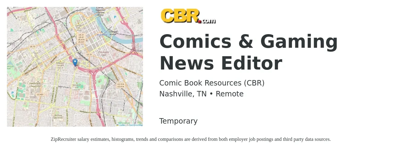 Comic Book Resources (CBR) job posting for a Comics & Gaming News Editor in Nashville, TN with a salary of $48,300 to $70,000 Yearly with a map of Nashville location.