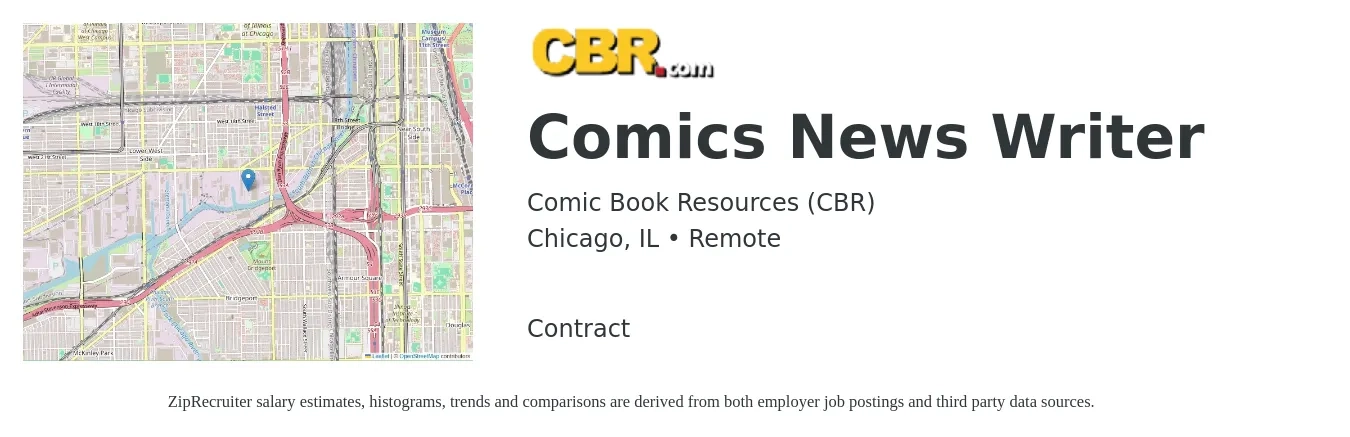 Comic Book Resources (CBR) job posting for a Comics News Writer in Chicago, IL with a salary of $25 to $54 Hourly with a map of Chicago location.