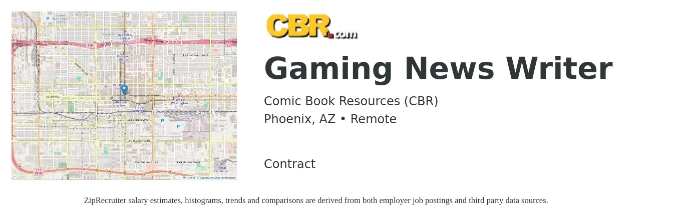 Comic Book Resources (CBR) job posting for a Gaming News Writer in Phoenix, AZ with a salary of $21 to $27 Hourly with a map of Phoenix location.