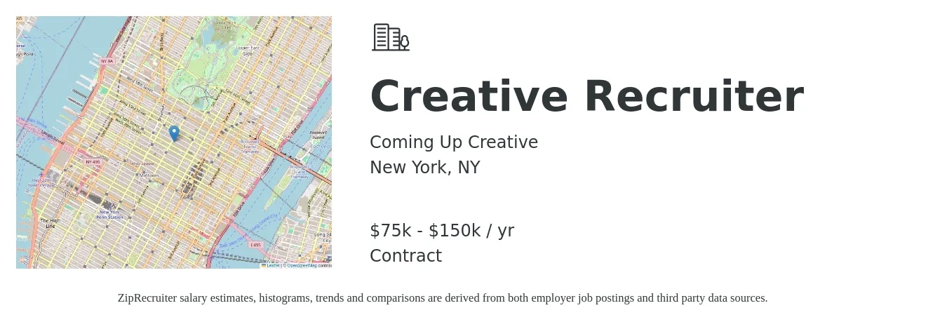 Coming Up Creative job posting for a Creative Recruiter in New York, NY with a salary of $75,000 to $150,000 Yearly with a map of New York location.