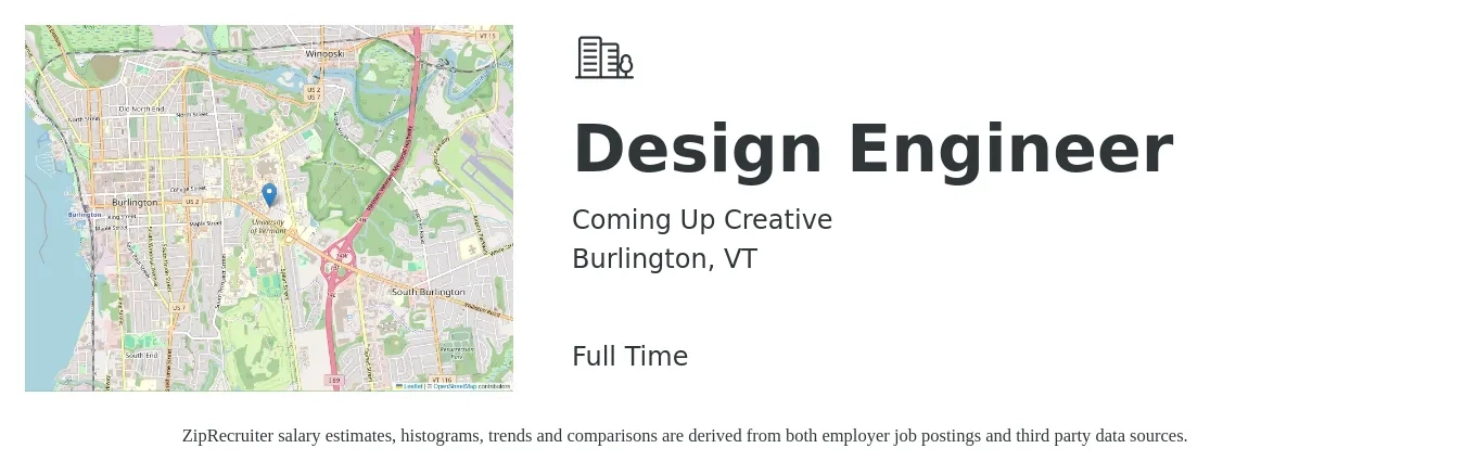 Coming Up Creative job posting for a Design Engineer in Burlington, VT with a salary of $68,300 to $98,900 Yearly with a map of Burlington location.