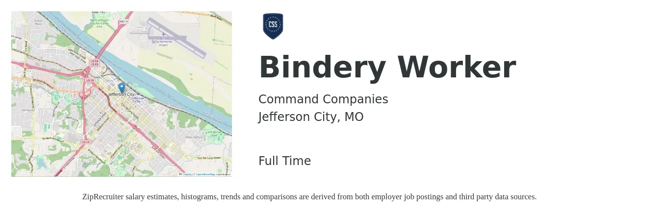 Command Companies job posting for a Bindery Worker in Jefferson City, MO with a salary of $16 to $19 Hourly with a map of Jefferson City location.