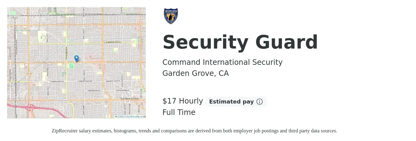 Command International Security job posting for a Security Guard in Garden Grove, CA with a salary of $18 Hourly with a map of Garden Grove location.