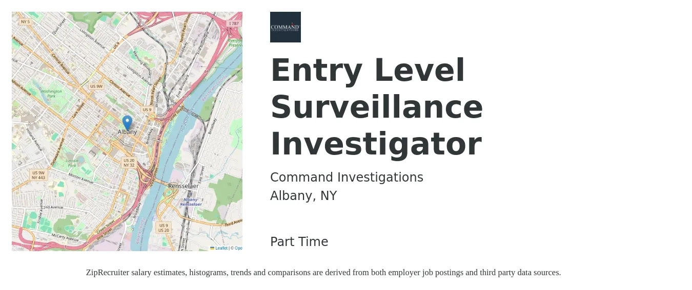 Command Investigations job posting for a Entry Level Surveillance Investigator in Albany, NY with a salary of $18 to $30 Hourly with a map of Albany location.