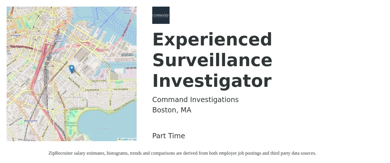 Command Investigations job posting for a Experienced Surveillance Investigator in Boston, MA with a salary of $23 to $29 Hourly with a map of Boston location.