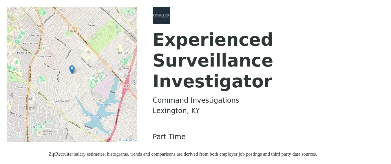 Command Investigations job posting for a Experienced Surveillance Investigator in Lexington, KY with a salary of $21 to $26 Hourly with a map of Lexington location.