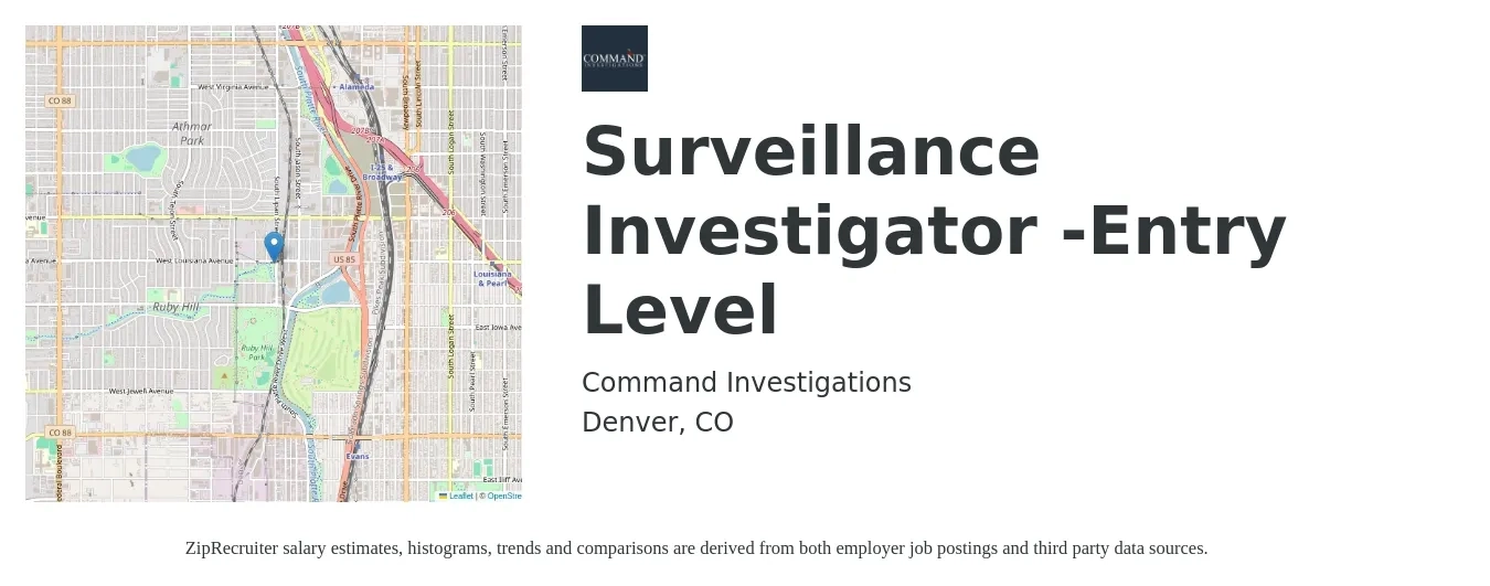 Command Investigations job posting for a Surveillance Investigator -Entry Level in Denver, CO with a salary of $20 to $25 Hourly with a map of Denver location.