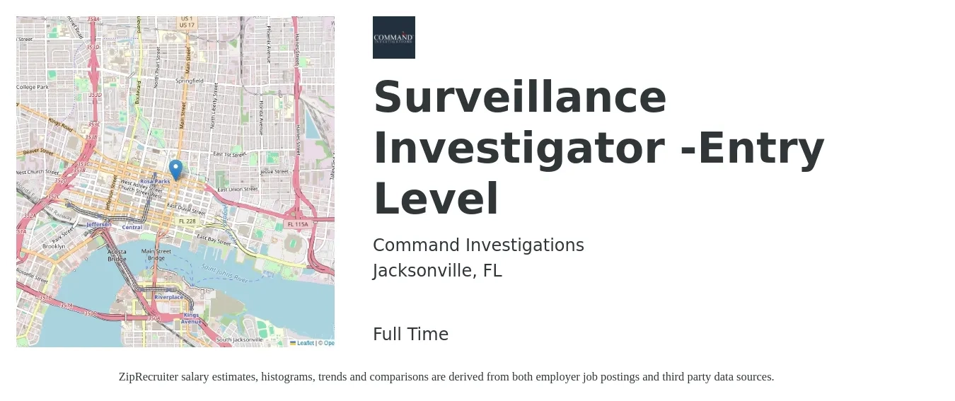 Command Investigations job posting for a Surveillance Investigator -Entry Level in Jacksonville, FL with a salary of $19 to $21 Yearly with a map of Jacksonville location.