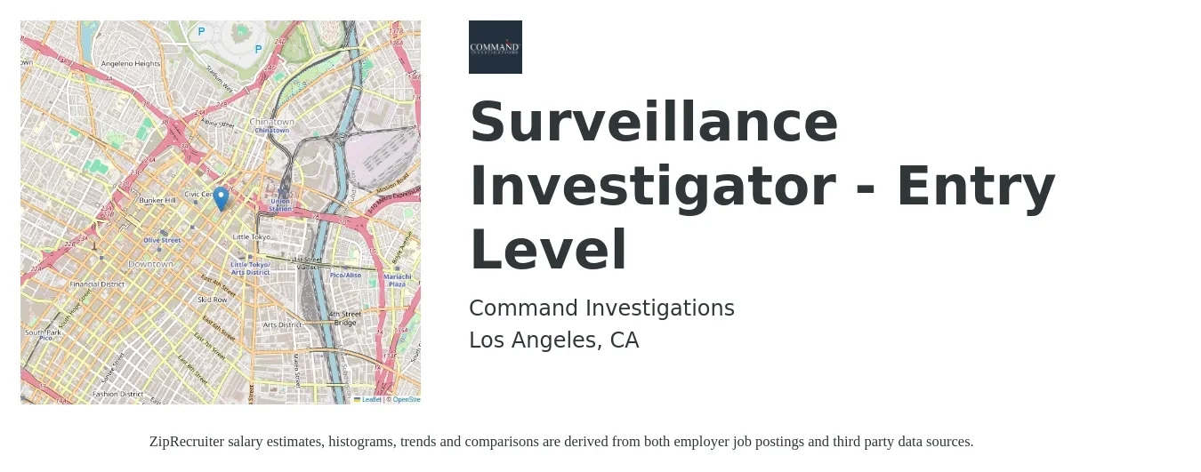 Command Investigations job posting for a Surveillance Investigator - Entry Level in Los Angeles, CA with a salary of $23 to $28 Hourly with a map of Los Angeles location.