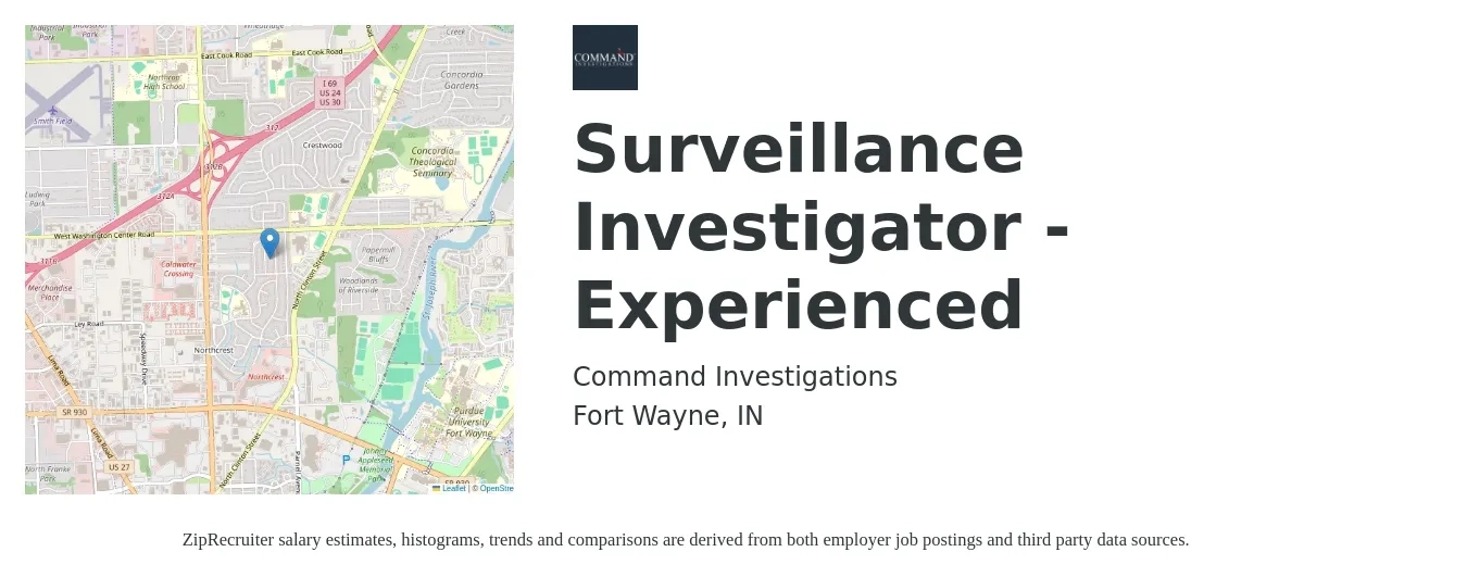 Command Investigations job posting for a Surveillance Investigator -Experienced in Fort Wayne, IN with a salary of $21 to $26 Hourly with a map of Fort Wayne location.