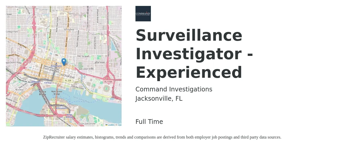 Command Investigations job posting for a Surveillance Investigator -Experienced in Jacksonville, FL with a salary of $20 to $24 Hourly with a map of Jacksonville location.