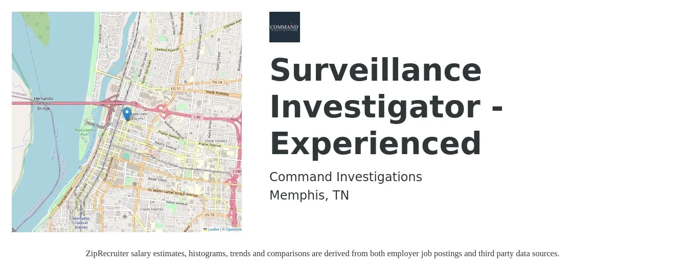 Command Investigations job posting for a Surveillance Investigator -Experienced in Memphis, TN with a salary of $21 to $26 Hourly with a map of Memphis location.