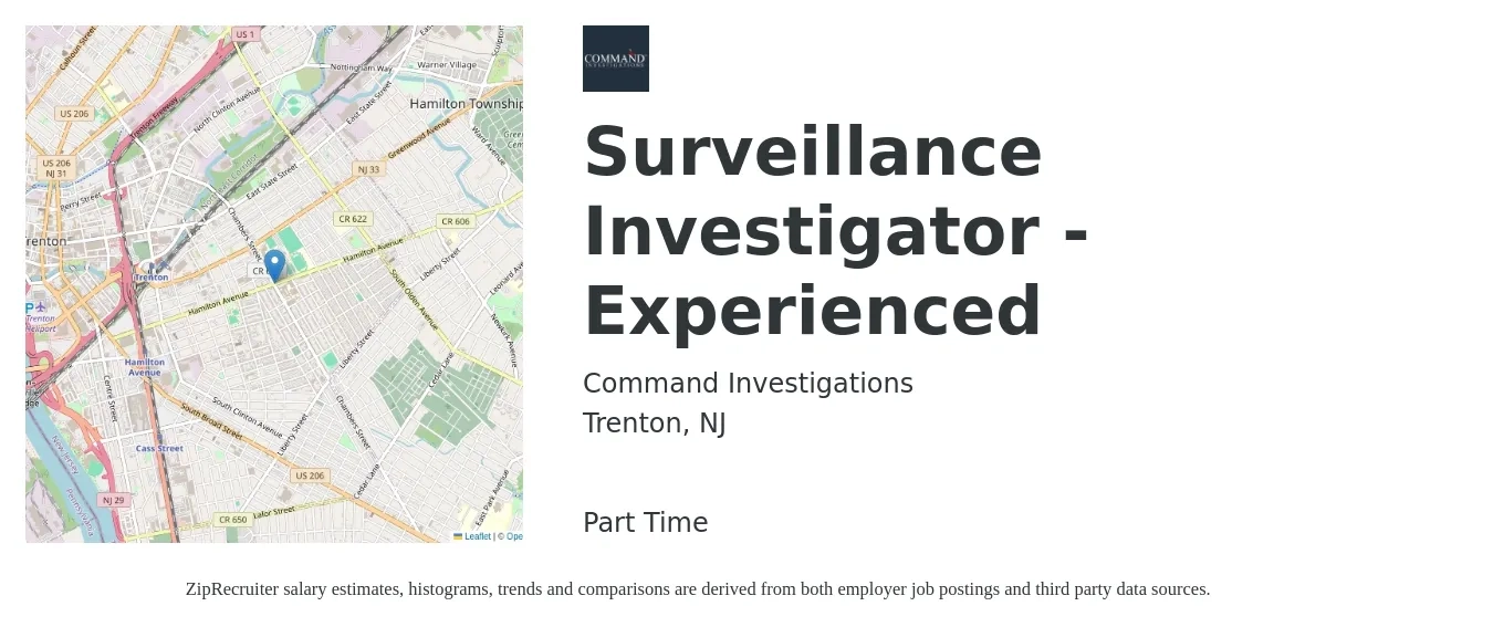 Command Investigations job posting for a Surveillance Investigator -Experienced in Trenton, NJ with a salary of $22 to $26 Hourly with a map of Trenton location.