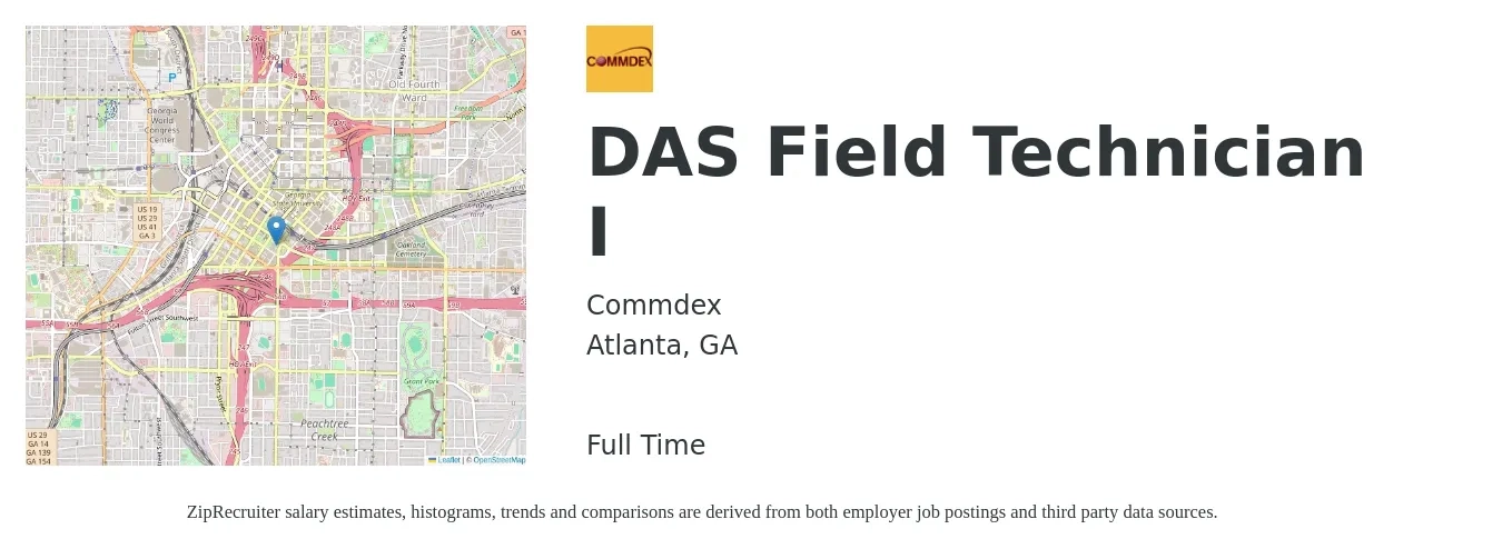 Commdex job posting for a DAS Field Technician I in Atlanta, GA with a salary of $19 to $26 Hourly with a map of Atlanta location.
