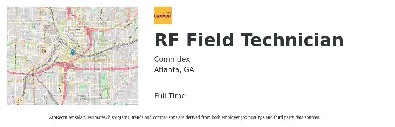 Commdex job posting for a RF Field Technician in Atlanta, GA with a salary of $19 to $26 Hourly with a map of Atlanta location.