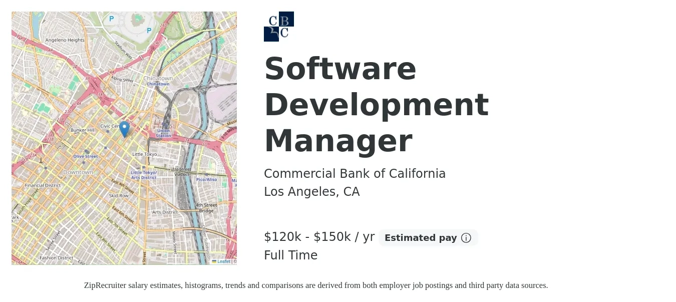 Commercial Bank of California job posting for a Software Development Manager in Los Angeles, CA with a salary of $120,000 to $150,000 Yearly with a map of Los Angeles location.