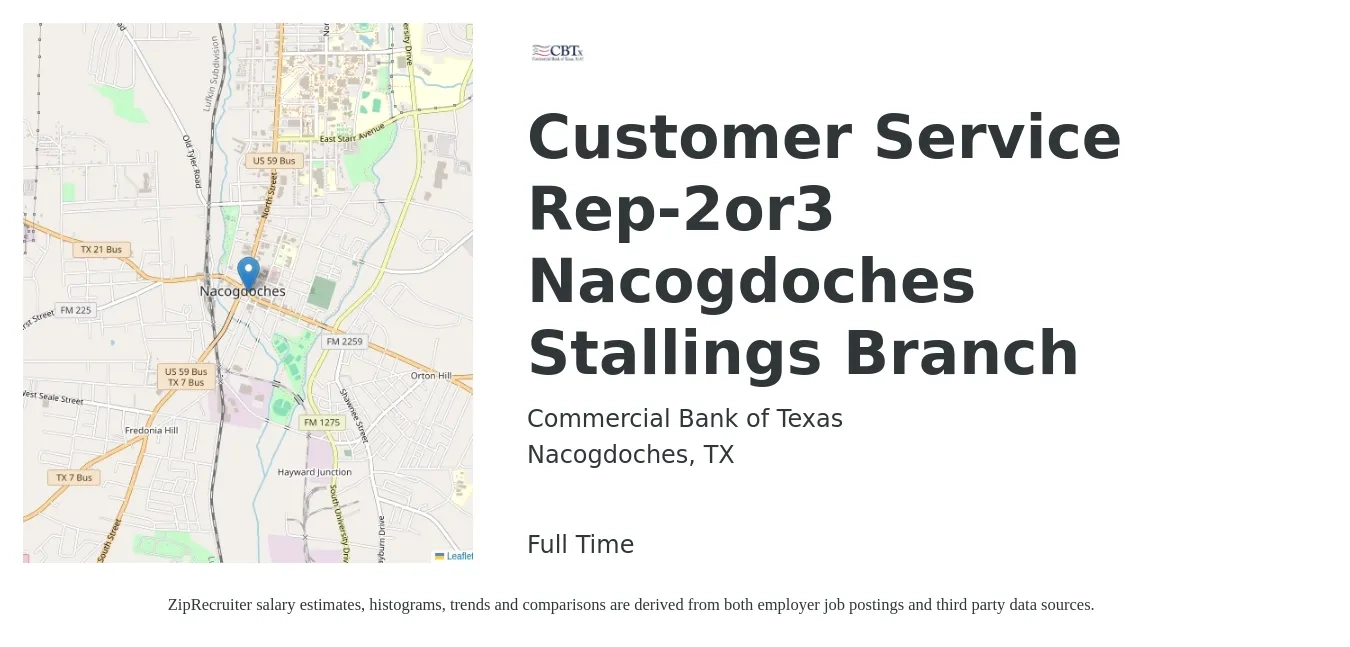 Commercial Bank of Texas job posting for a Customer Service Rep-2or3 Nacogdoches Stallings Branch in Nacogdoches, TX with a salary of $13 to $18 Hourly with a map of Nacogdoches location.
