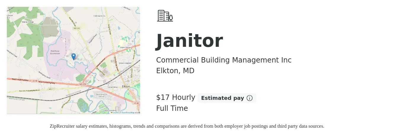 Commercial Building Management Inc job posting for a Janitor in Elkton, MD with a salary of $18 Hourly with a map of Elkton location.