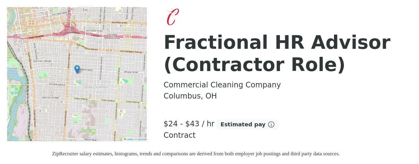 Commercial Cleaning Company job posting for a Fractional HR Advisor (Contractor Role) in Columbus, OH with a salary of $25 to $45 Hourly with a map of Columbus location.