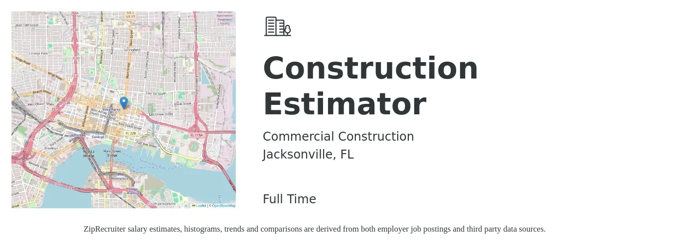 Commercial Construction job posting for a Construction Estimator in Jacksonville, FL with a salary of $53,800 to $85,900 Yearly with a map of Jacksonville location.