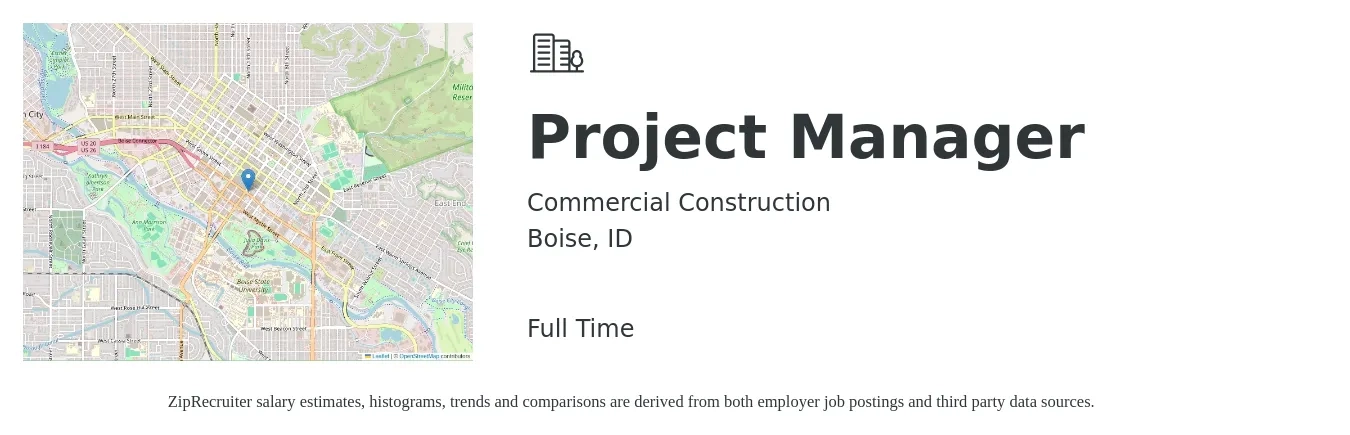 Commercial Construction job posting for a Project Manager in Boise, ID with a salary of $74,700 to $117,100 Yearly with a map of Boise location.