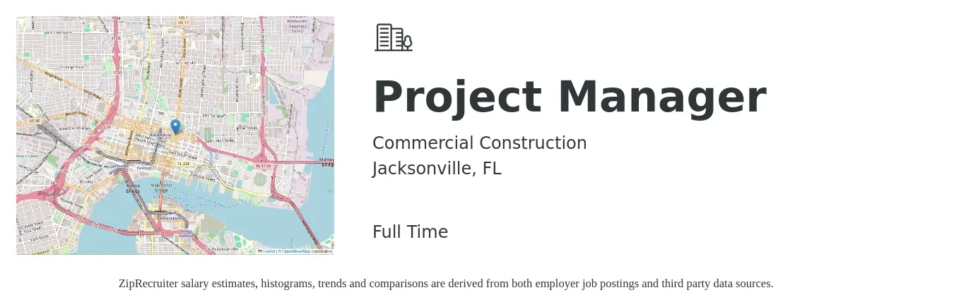 Commercial Construction job posting for a Project Manager in Jacksonville, FL with a salary of $71,500 to $112,000 Yearly with a map of Jacksonville location.