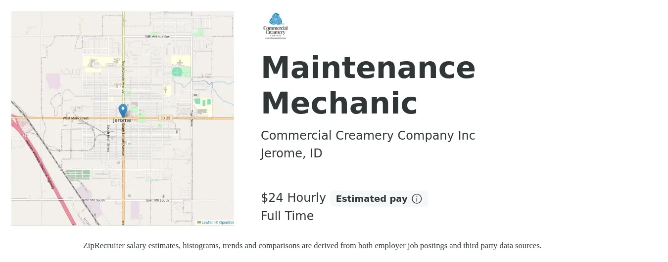 Commercial Creamery Company Inc job posting for a Maintenance Mechanic in Jerome, ID with a salary of $26 Hourly with a map of Jerome location.